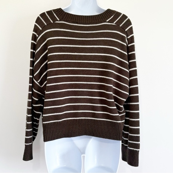 T TAHARI Sweater Brown and White Stripes Long Sleeve Large - Picture 2 of 8